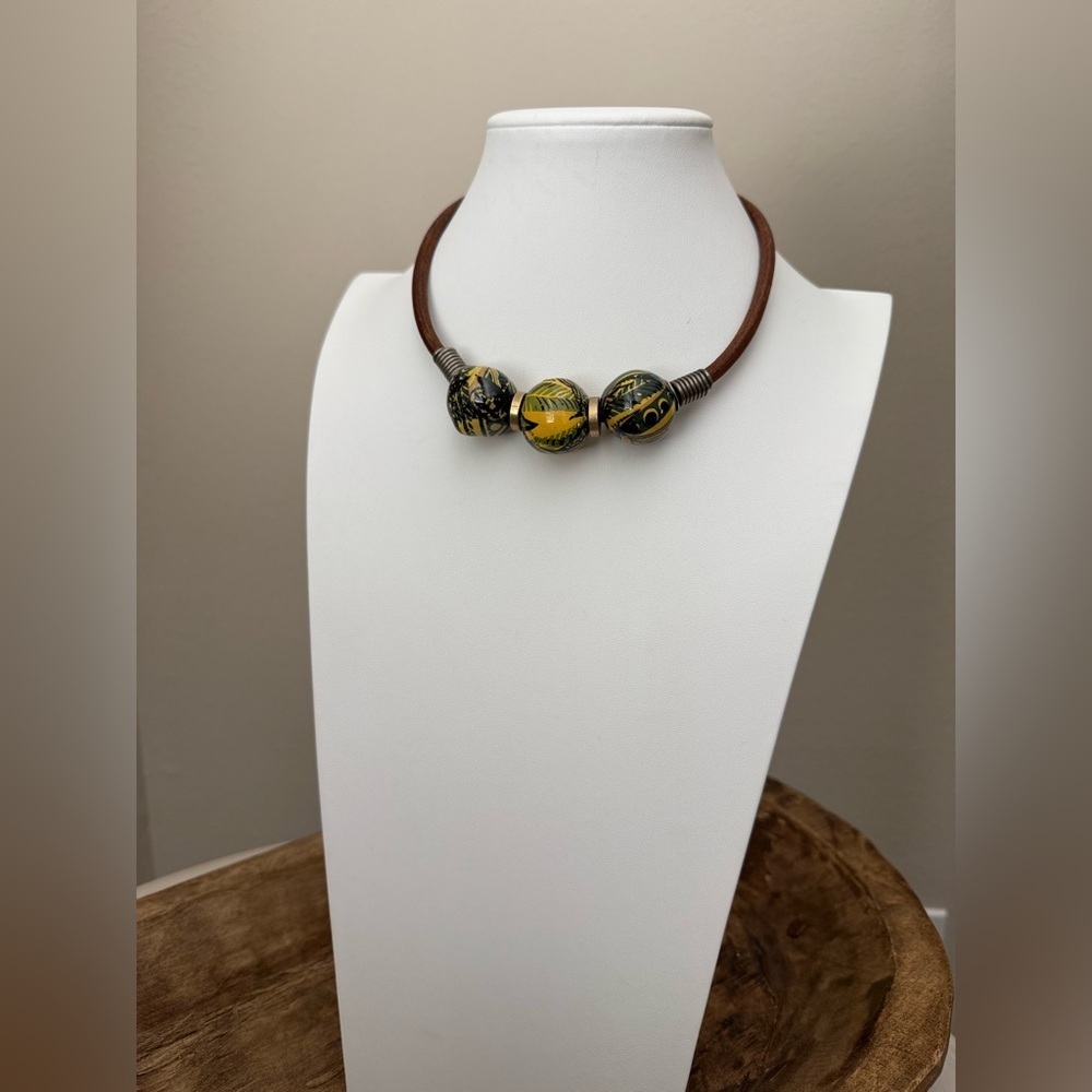Brown Leather Choker Necklace with Green and Yellow Painted Balls